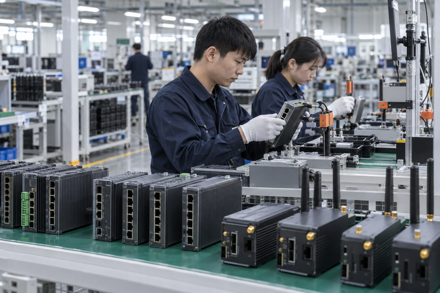 Technicians checking communications equipment during factory production