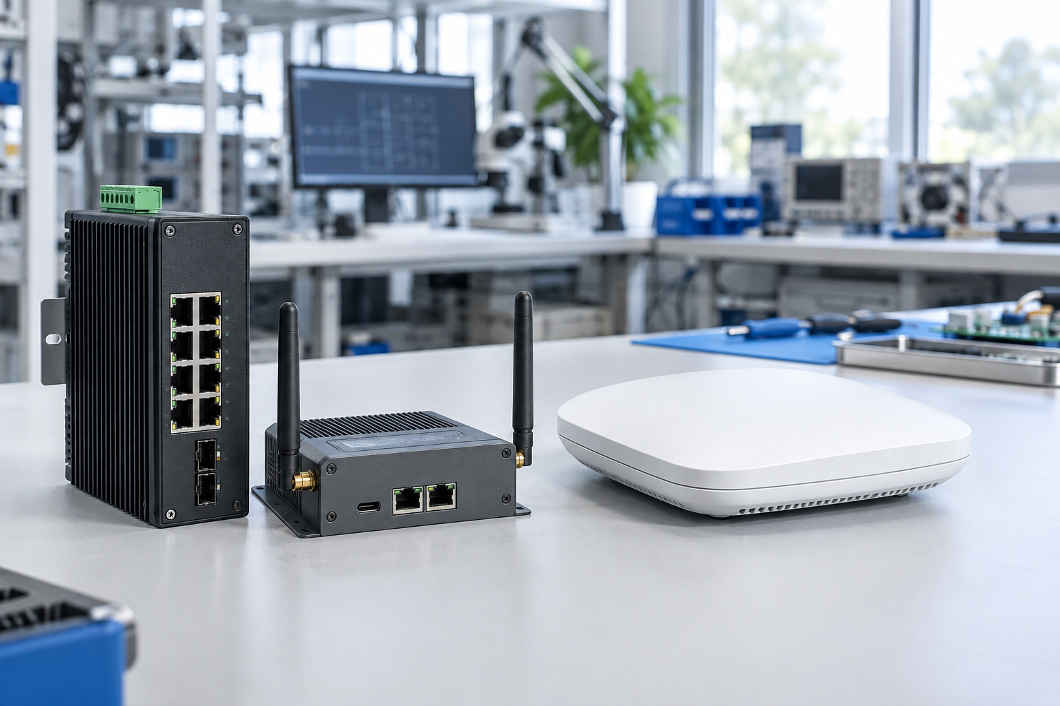 Industrial Ethernet switch, cellular gateway and wireless access point in a laboratory
